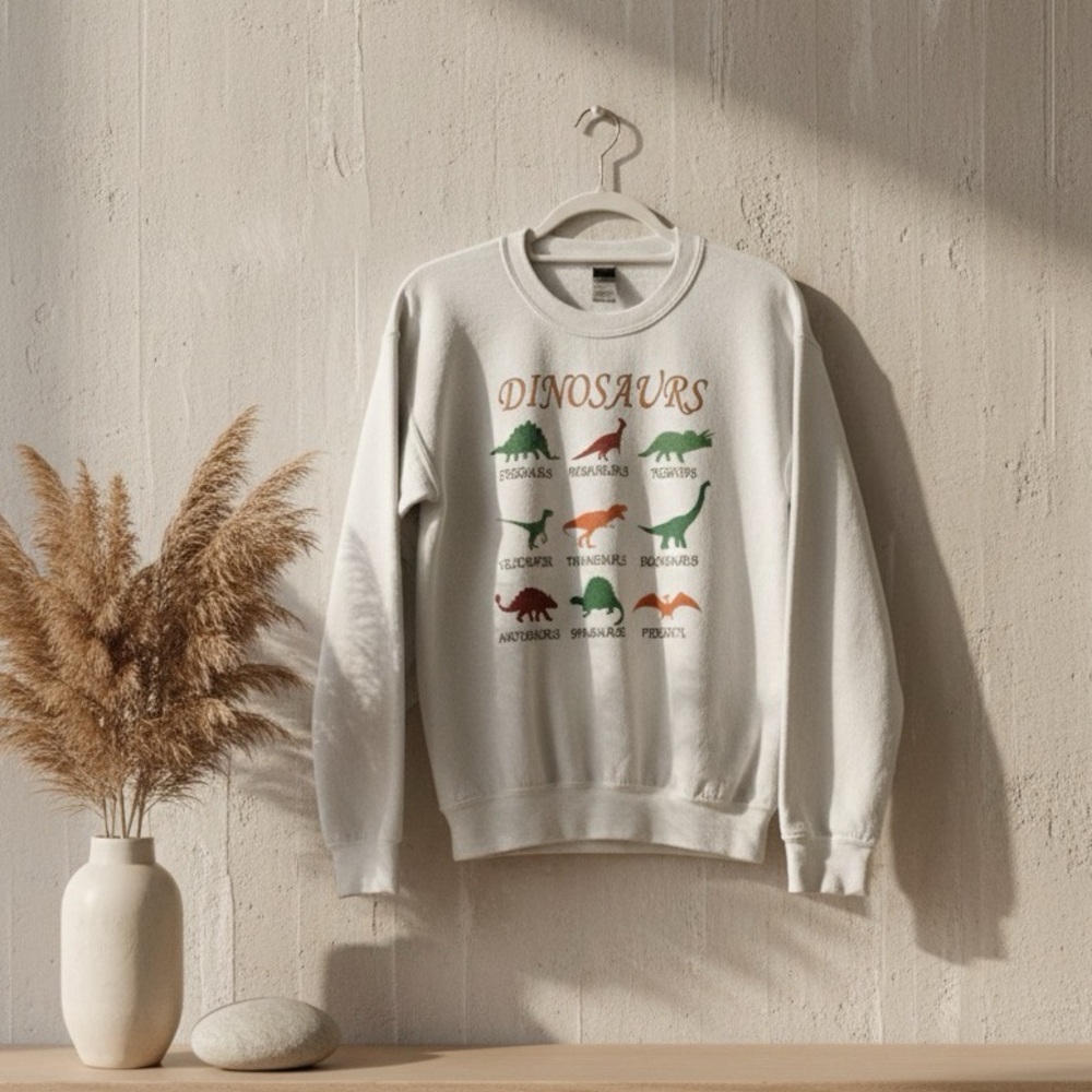 Gildan Unisex Crewneck Sweater - White with Dinosaur Graphics